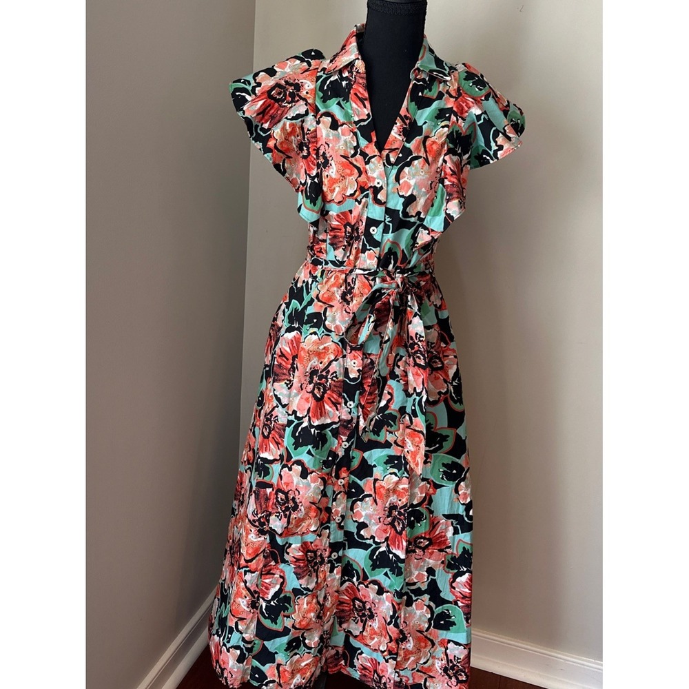 Anthropology Maeve Flutter-Sleeve‎ Midi Button Shirt Dress Size XS Floral